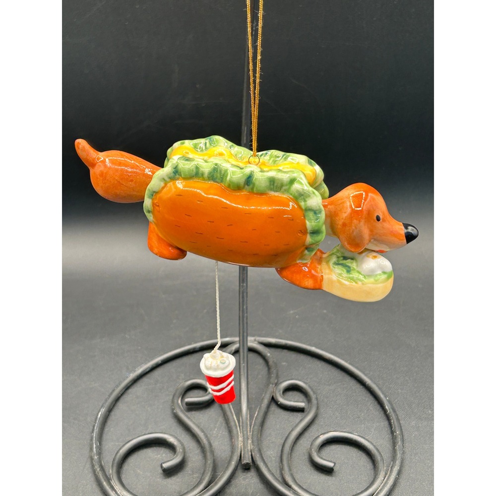 Vtg Ceramic Dachshund Hot Dog Ornament Wiener Dog Cup Head Tall Move 5.5"